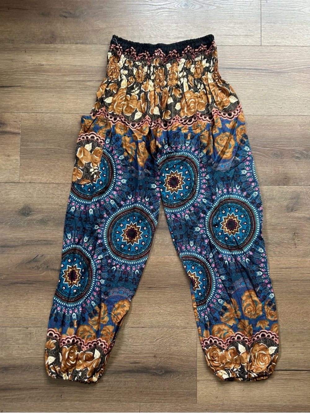 EARTHBOUND Blue and Gold Printed Smocked Waist Harem Pants